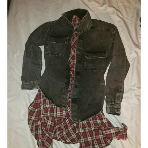 ZARA MAN washed black denim layered PLAID OVERSHIRT shacket RELAXED SIZE S - Picture 2 of 6